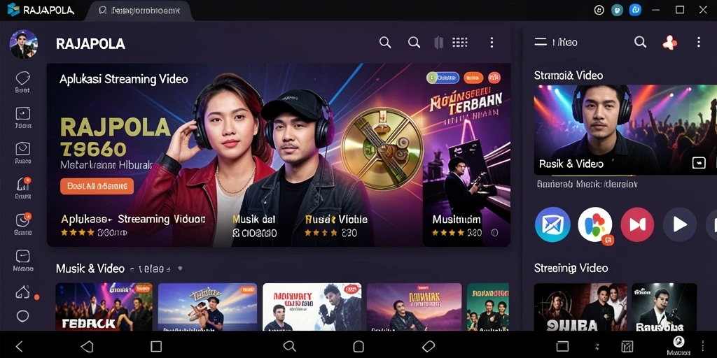 Antarmuka aplikasi RAJAPOLA untuk streaming video musik yang menarik.