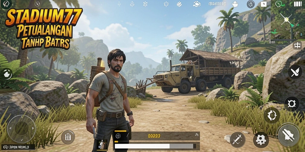 Screenshot STADIUM77 menampilkan eksplorasi dunia yang luas dan menakjubkan.